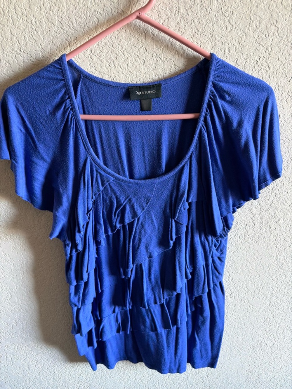 AB Studio Royal Blue Ruffle Short Sleeve Scoop Top, wash wear.